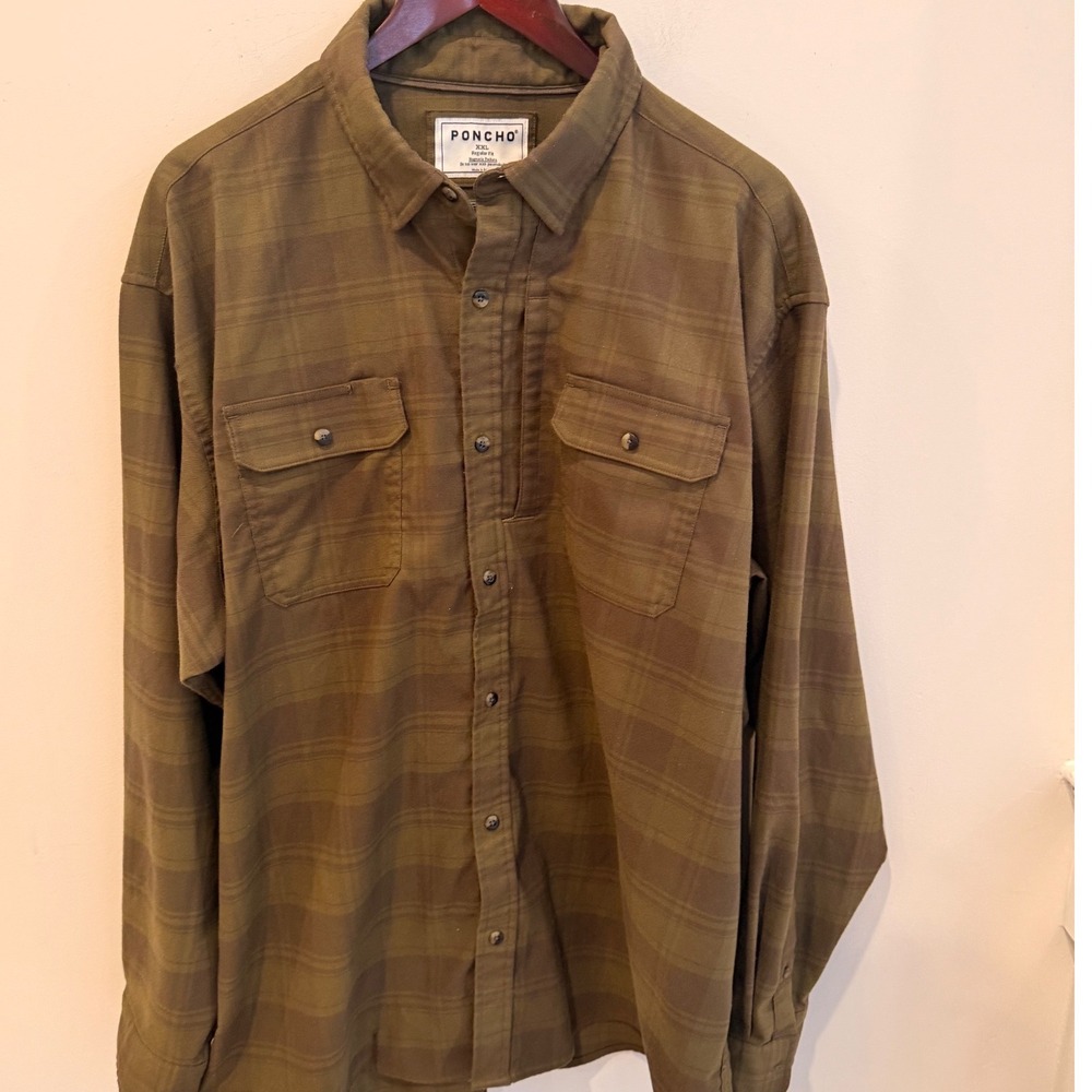 Poncho Outdoors Mens XXL Olive Green Plaid Flannel Shirt Magnetic Pockets LS